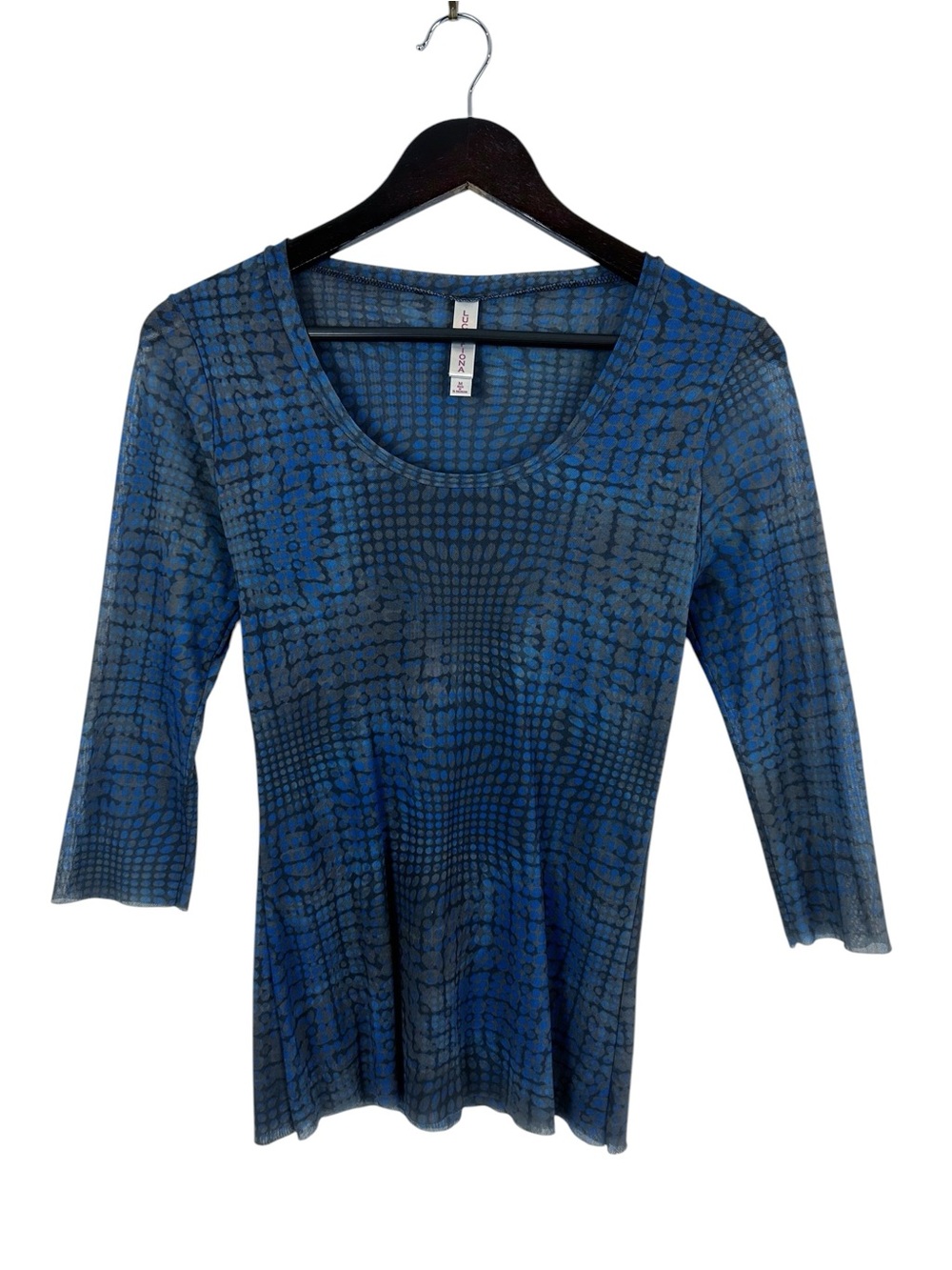Lucy + Fiona Y2K Mesh Top Size Medium Made in El Salvador Blue/Grey